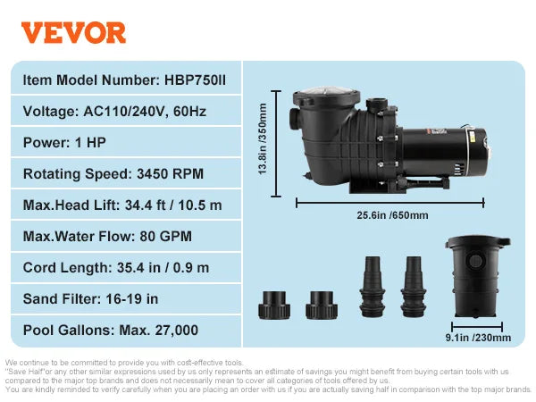 VEVOR Above Ground Pool Pump 1HP / 1.5HP / 2HP Single Speed with Filter Basket for Above Ground Pools Hot Tubs Spas UL Certified