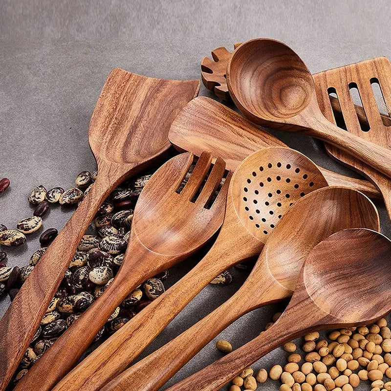 Wooden Kitchen Utensils Set,9 Pcs Wooden Spoons For Cooking,Wooden Cooking Utensils,Wooden Spoons For Non-Stick Pan