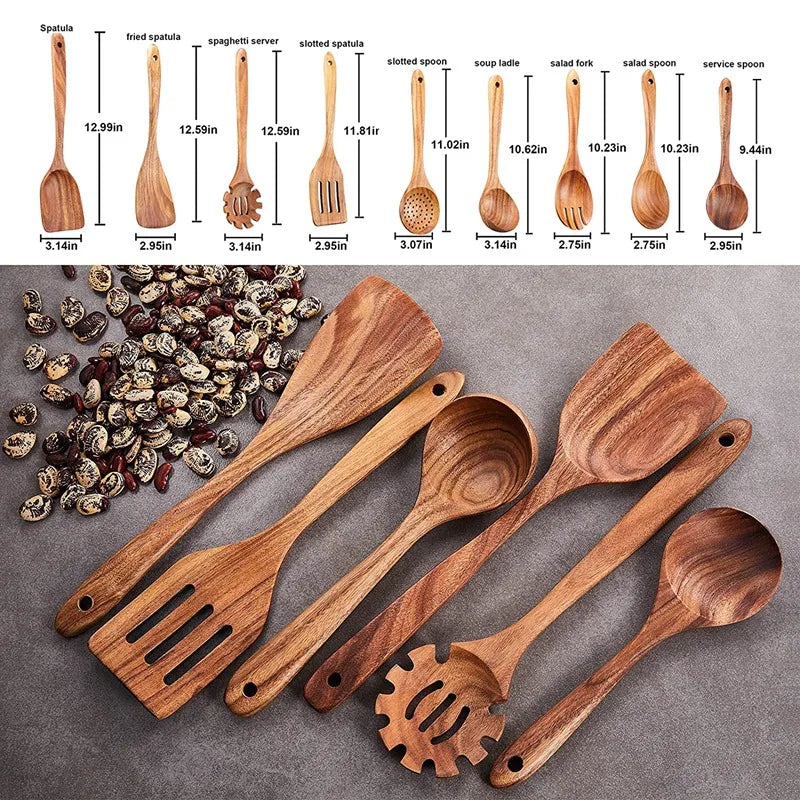 Wooden Kitchen Utensils Set,9 Pcs Wooden Spoons For Cooking,Wooden Cooking Utensils,Wooden Spoons For Non-Stick Pan