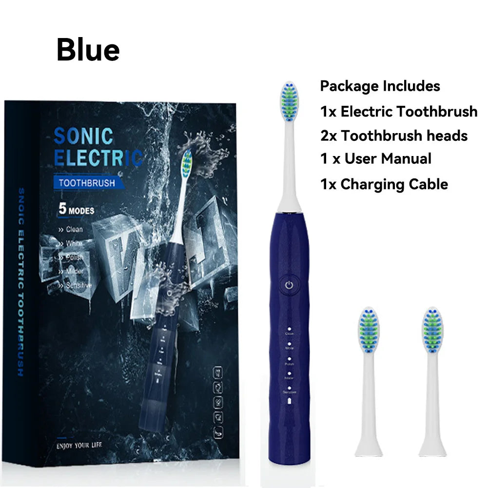 Sonic Electric Toothbrush Black Adult Rechargeable With 2 Replacement Brush Heads 5 Modes 2 Minute Intelligent Timer IPX7 waterp
