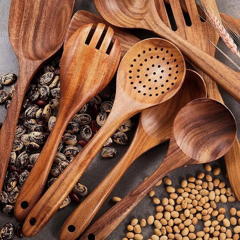 Wooden Kitchen Utensils Set,9 Pcs Wooden Spoons For Cooking,Wooden Cooking Utensils,Wooden Spoons For Non-Stick Pan