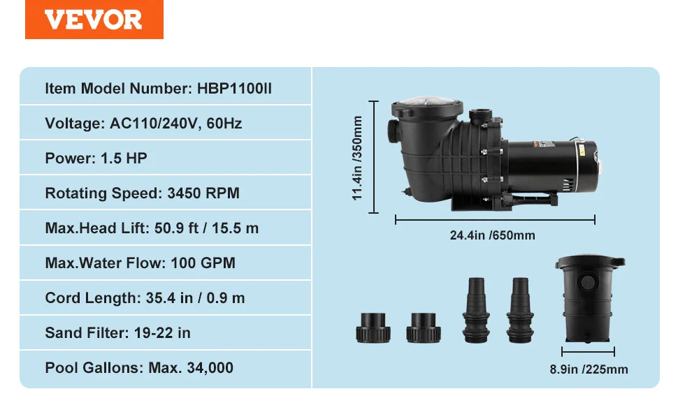 VEVOR Above Ground Pool Pump 1HP / 1.5HP / 2HP Single Speed with Filter Basket for Above Ground Pools Hot Tubs Spas UL Certified