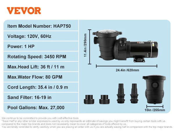 VEVOR Above Ground Pool Pump 1HP / 1.5HP / 2HP Single Speed with Filter Basket for Above Ground Pools Hot Tubs Spas UL Certified