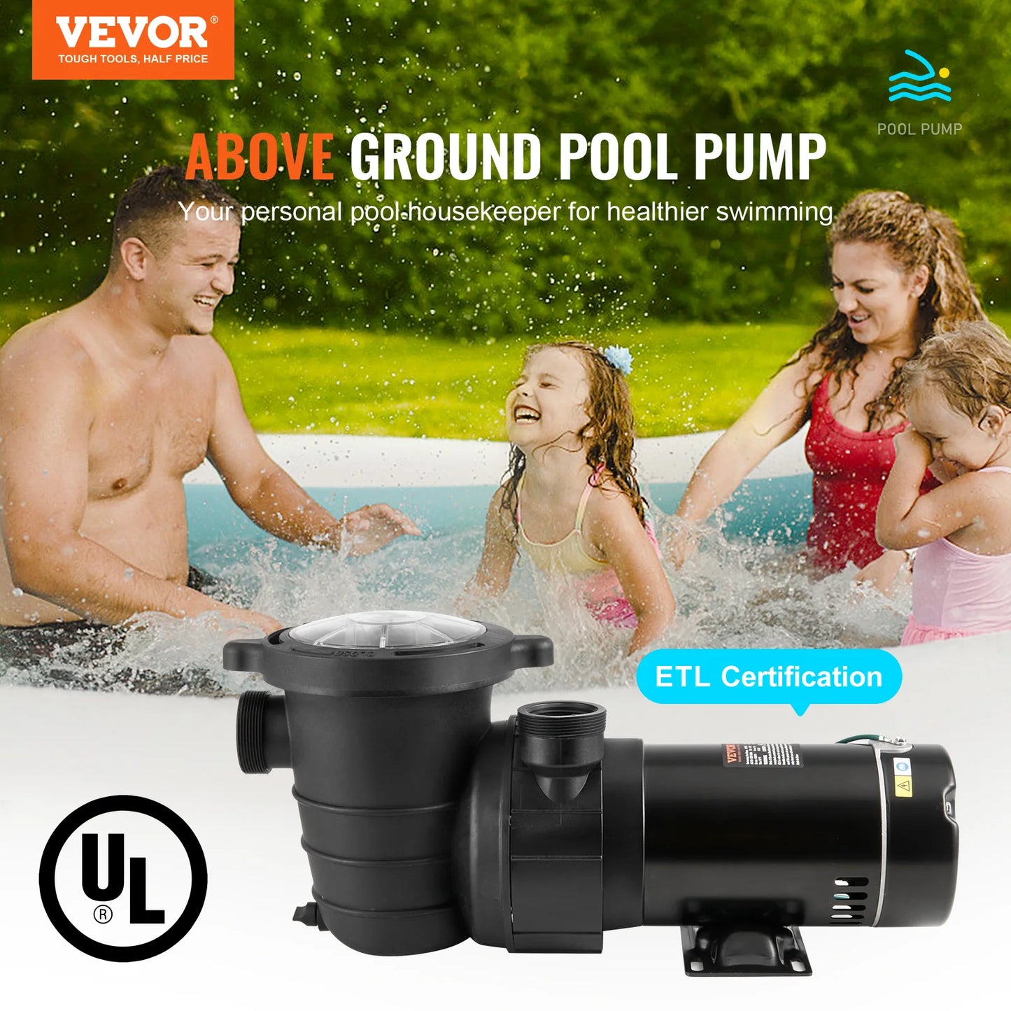 VEVOR Above Ground Pool Pump 1HP / 1.5HP / 2HP Single Speed with Filter Basket for Above Ground Pools Hot Tubs Spas UL Certified