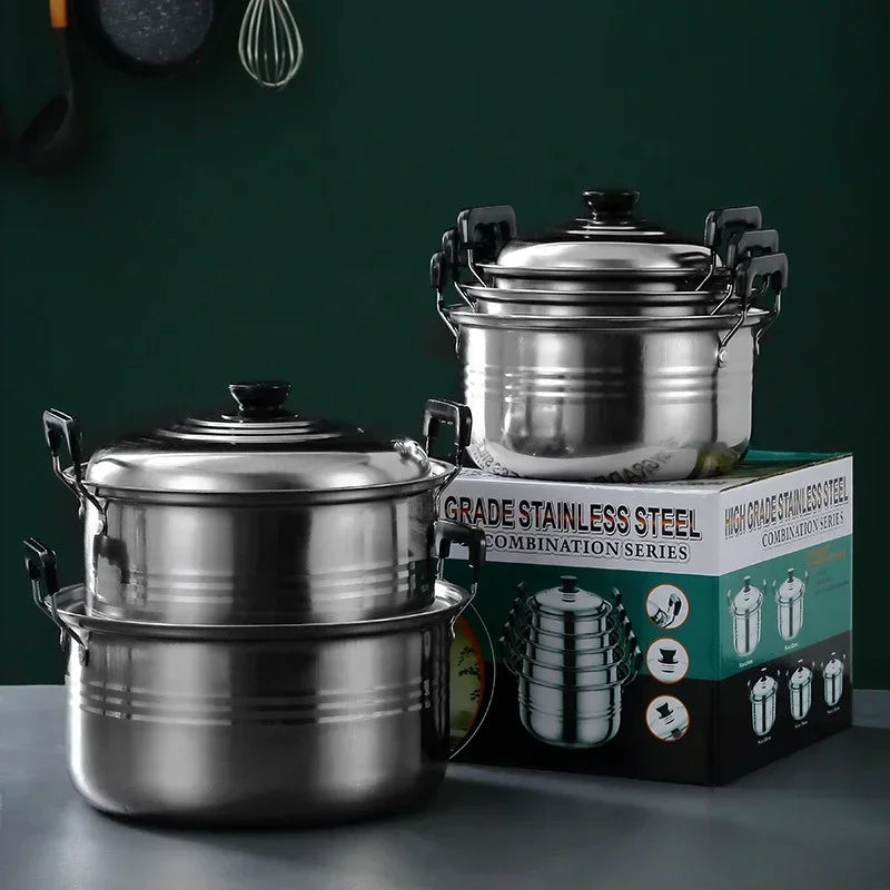 5 piece stainless steel soup pot, non stick and anti magnetic cookware, multifunctional steaming and cooking pot