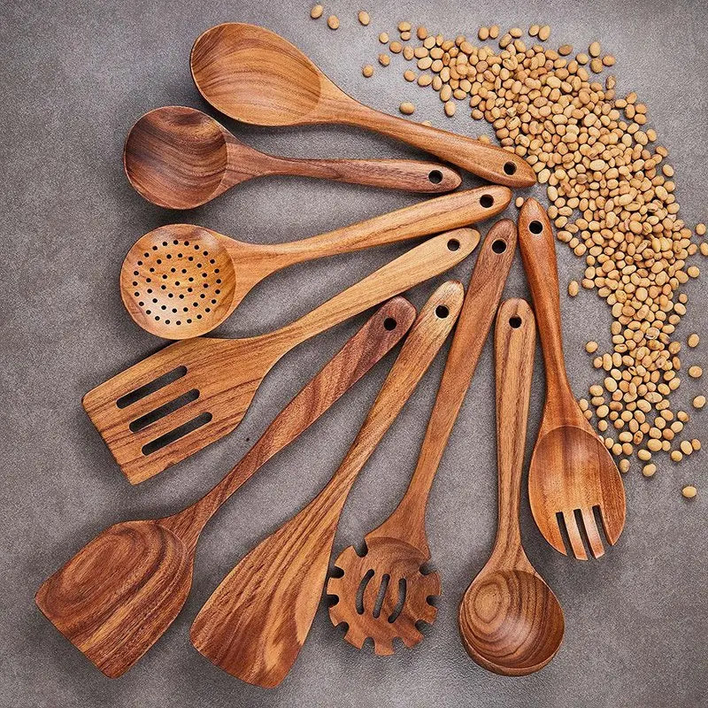 Wooden Kitchen Utensils Set,9 Pcs Wooden Spoons For Cooking,Wooden Cooking Utensils,Wooden Spoons For Non-Stick Pan