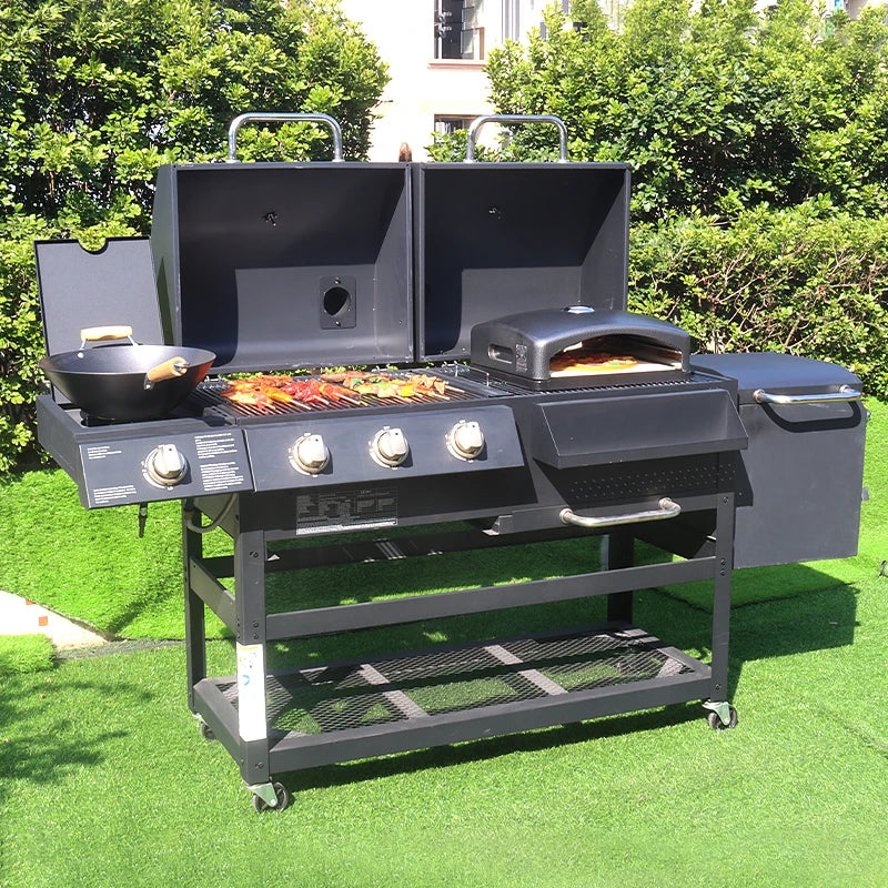 Gas Charcoal Combo Combination Hybrid Bbq Barbecue Grills With 4 Burner For Outdoor Kitchen Cooking