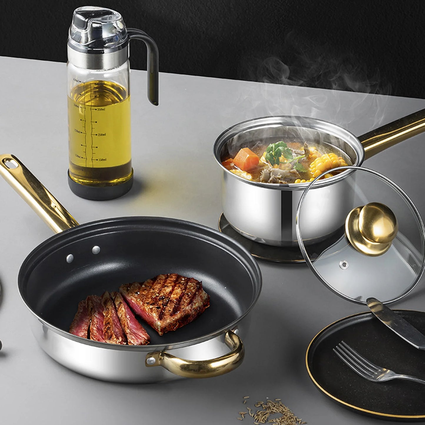 12Pcs Kitchen Pots Stainless Steel Golden Handle Smoothing Sturdy Pot Durable Easy to Clean Cookware Set for Home Cooking