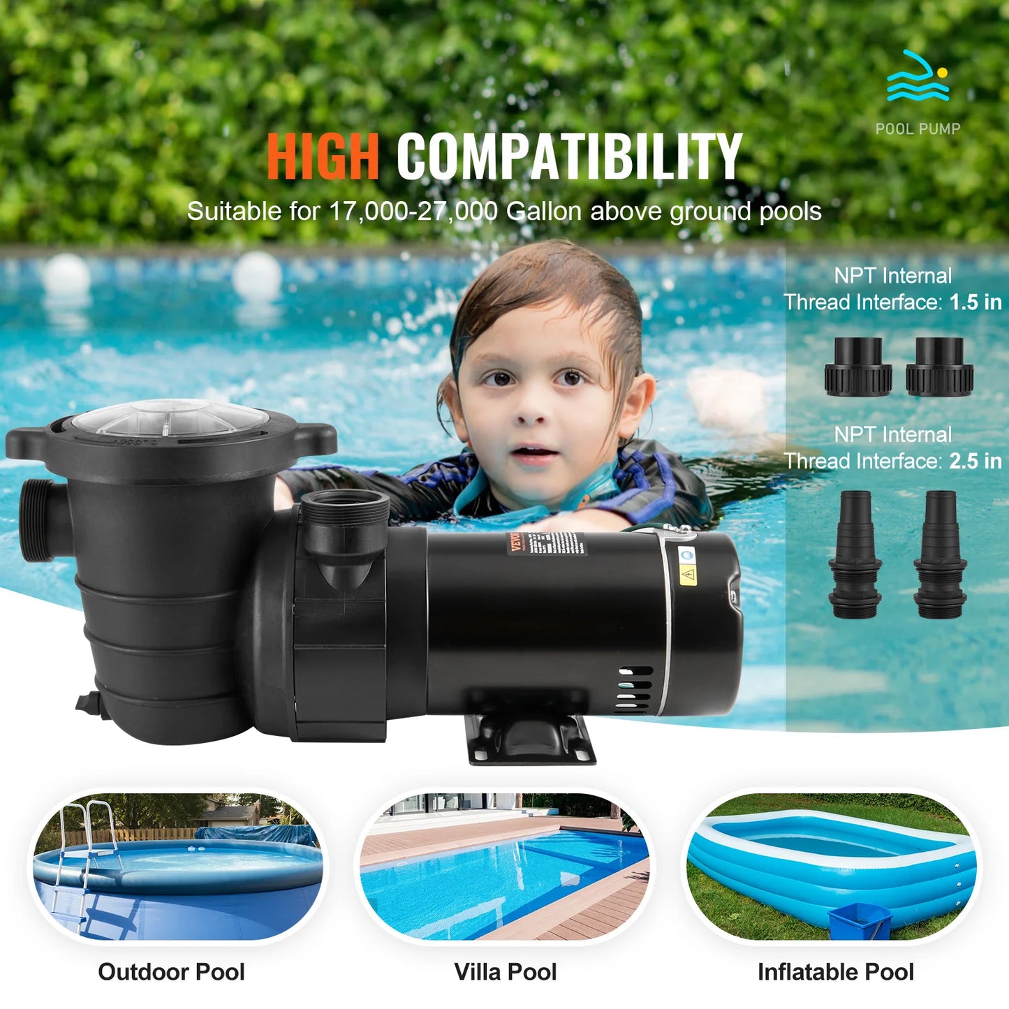 VEVOR Above Ground Pool Pump 1HP / 1.5HP / 2HP Single Speed with Filter Basket for Above Ground Pools Hot Tubs Spas UL Certified