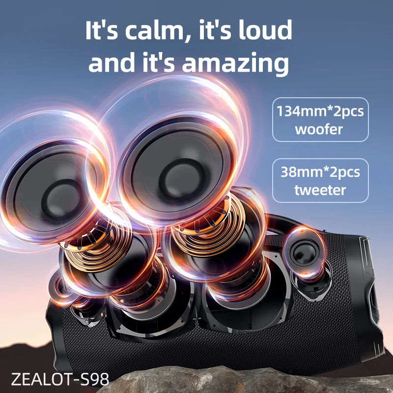 ZEALOT-S98 160W Portable Bluetooth Speaker High Volume Waterproof 36000mAh Wireless TWS Subwoofer Suporrt USB/TF/AUX RGB light