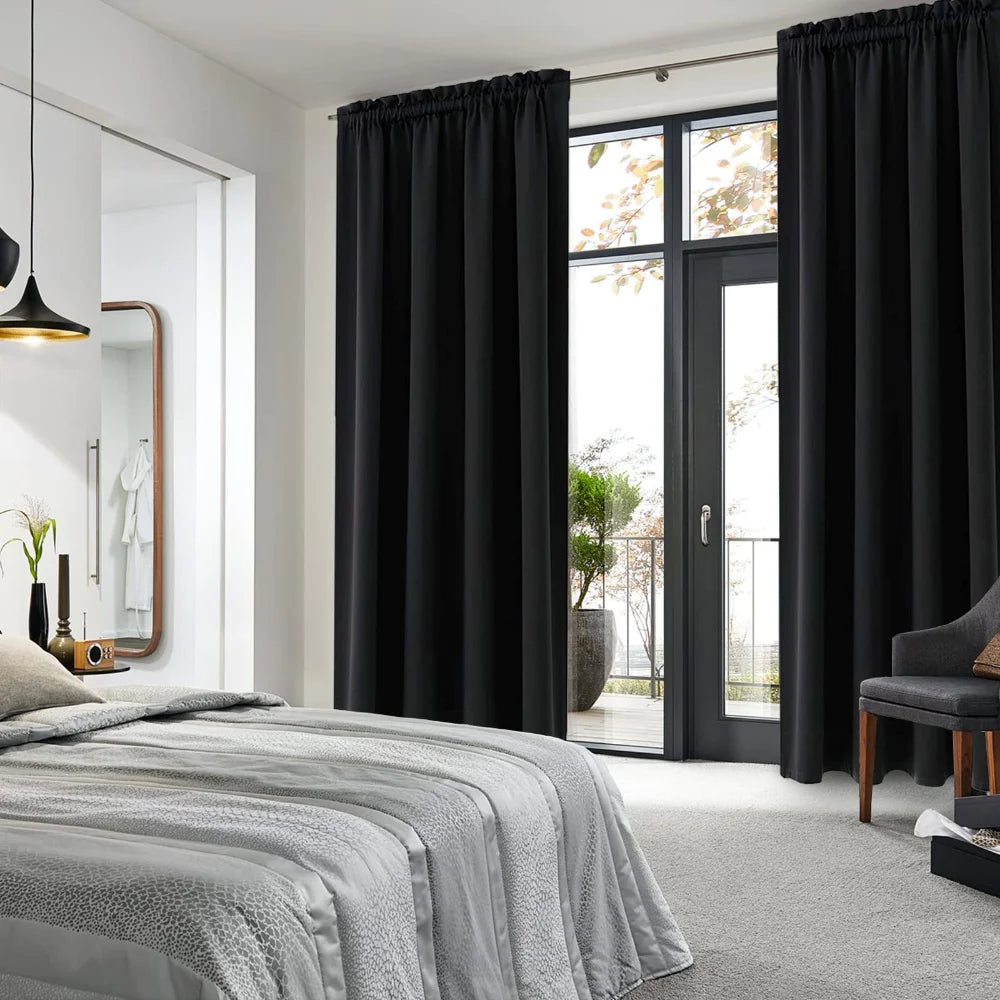 1Pc Black Blackout Curtains Light Reducing Thermal Insulated Grommet Black Out Curtains Panels Drapes for Living Room Bedroom