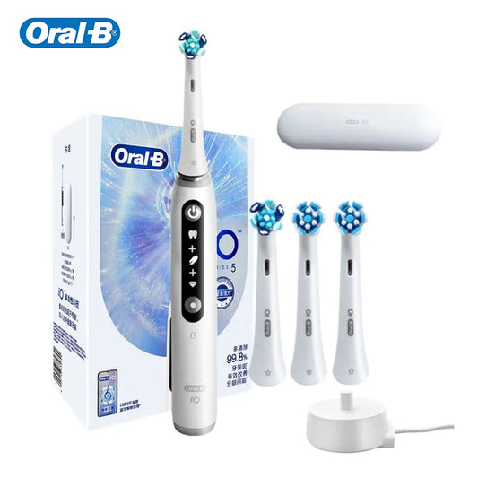Oral B IO5 Rechargeable Electric Toothbrush 5 Cleaning Settings Bluetooth APP 4 Replacement Toothbrush Heads nd Travel Case