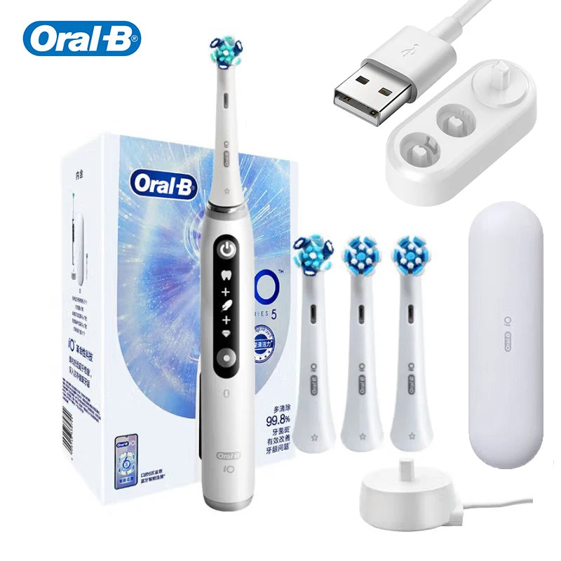 Oral B IO5 Rechargeable Electric Toothbrush 5 Cleaning Settings Bluetooth APP 4 Replacement Toothbrush Heads nd Travel Case