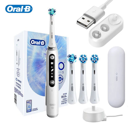 Oral B IO5 Rechargeable Electric Toothbrush 5 Cleaning Settings Bluetooth APP 4 Replacement Toothbrush Heads nd Travel Case