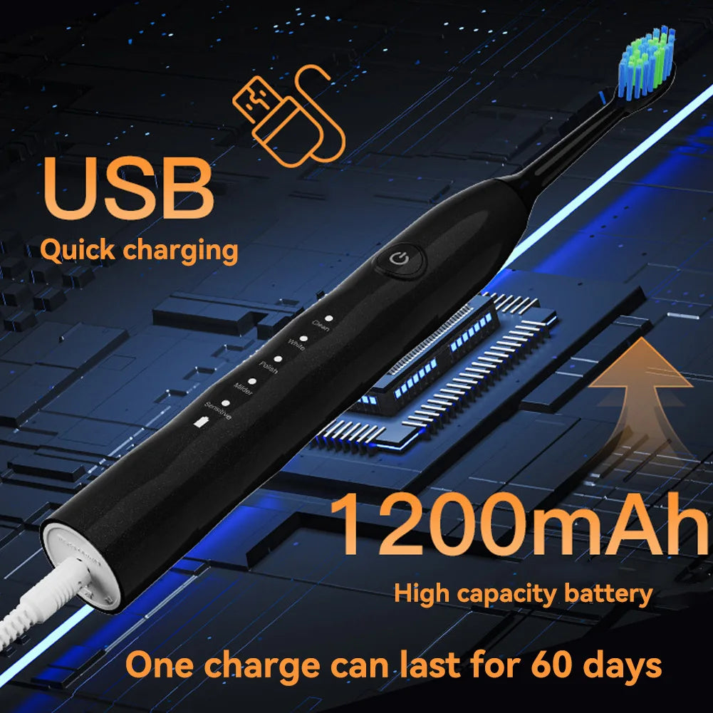 Sonic Electric Toothbrush Black Adult Rechargeable With 2 Replacement Brush Heads 5 Modes 2 Minute Intelligent Timer IPX7 waterp