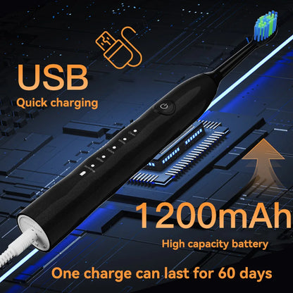 Sonic Electric Toothbrush Black Adult Rechargeable With 2 Replacement Brush Heads 5 Modes 2 Minute Intelligent Timer IPX7 waterp