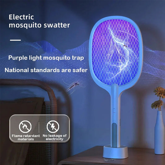 Mosquito Killer Lamp USB Rechargeable Electric Mosquito Net Fly Swatter with UV Light Base Charge Protect Baby Fly Swatter