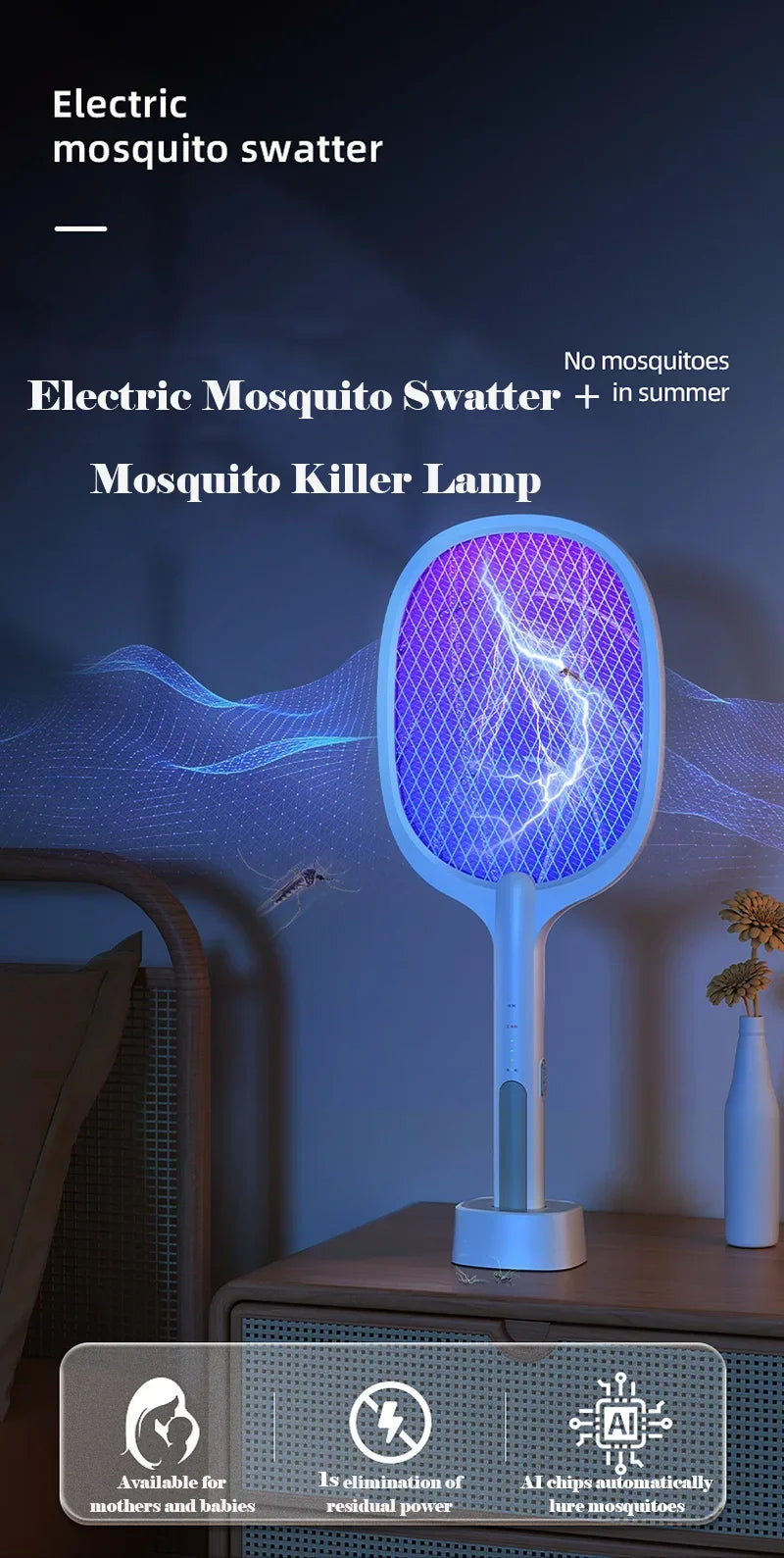 Mosquito Killer Lamp USB Rechargeable Electric Mosquito Net Fly Swatter with UV Light Base Charge Protect Baby Fly Swatter