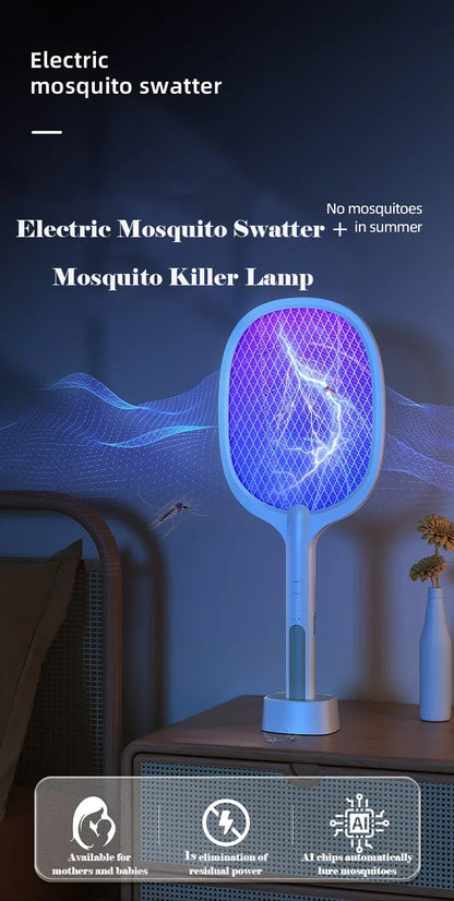 Mosquito Killer Lamp USB Rechargeable Electric Mosquito Net Fly Swatter with UV Light Base Charge Protect Baby Fly Swatter