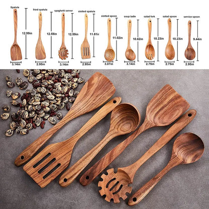 Wooden Kitchen Utensils Set,9 Pcs Wooden Spoons For Cooking,Wooden Cooking Utensils,Wooden Spoons For Non-Stick Pan