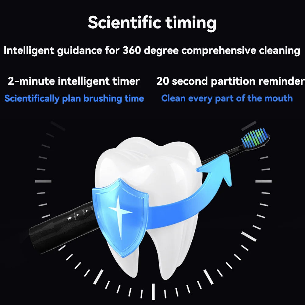 Sonic Electric Toothbrush Black Adult Rechargeable With 2 Replacement Brush Heads 5 Modes 2 Minute Intelligent Timer IPX7 waterp