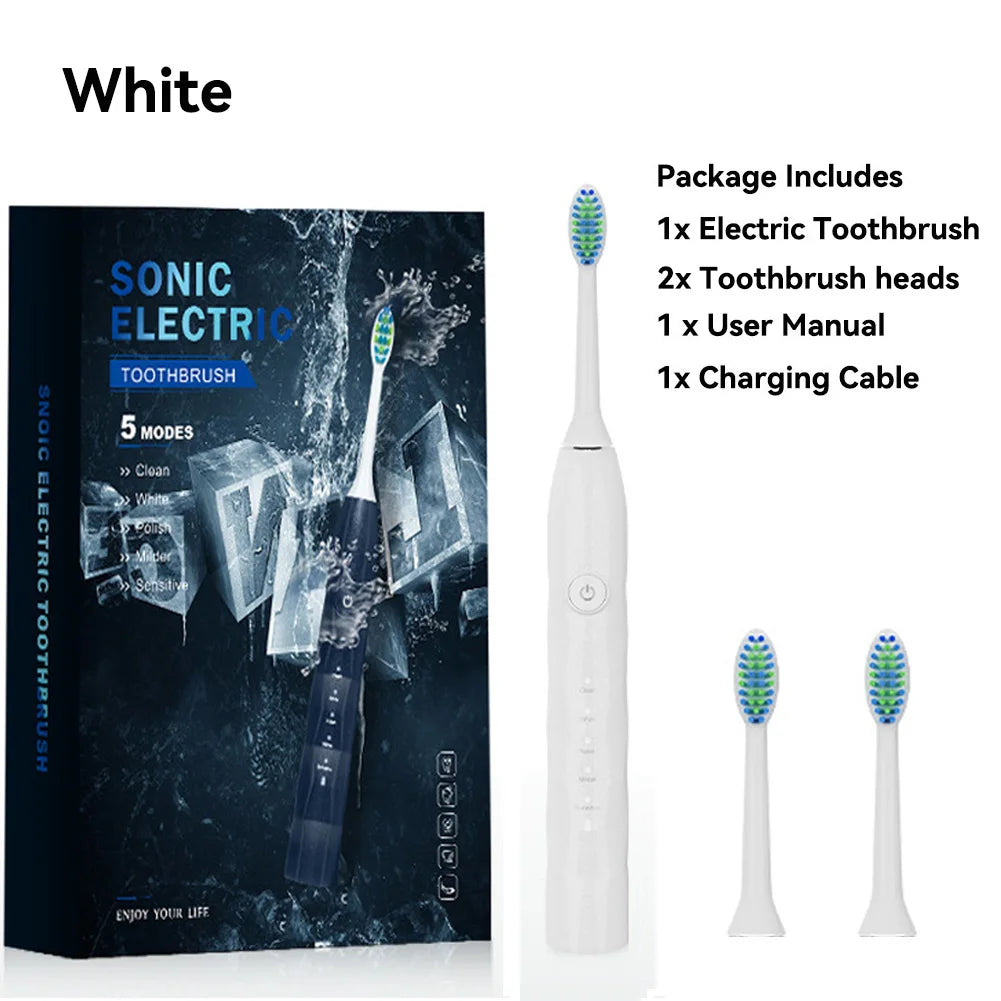Sonic Electric Toothbrush Black Adult Rechargeable With 2 Replacement Brush Heads 5 Modes 2 Minute Intelligent Timer IPX7 waterp