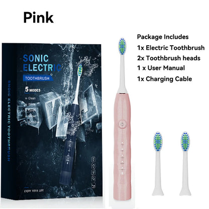 Sonic Electric Toothbrush Black Adult Rechargeable With 2 Replacement Brush Heads 5 Modes 2 Minute Intelligent Timer IPX7 waterp