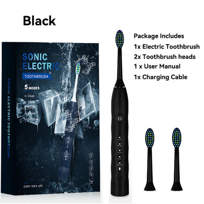 Sonic Electric Toothbrush Black Adult Rechargeable With 2 Replacement Brush Heads 5 Modes 2 Minute Intelligent Timer IPX7 waterp