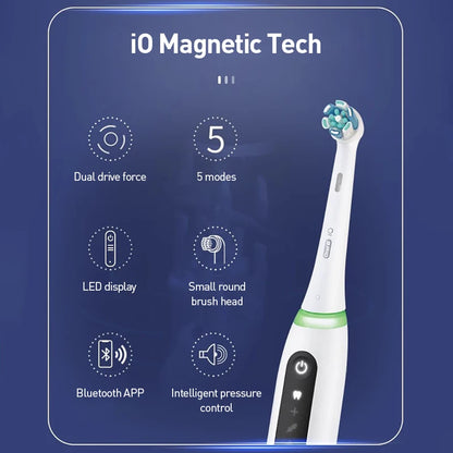 Oral B IO5 Rechargeable Electric Toothbrush 5 Cleaning Settings Bluetooth APP 4 Replacement Toothbrush Heads nd Travel Case