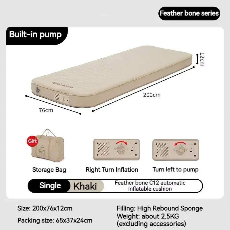 Naturehike C12 Inflatable Mattress Outdoor Camping Sponge TPU Automatic Air Cushion Lightweight Single Double Bed Portable Pad