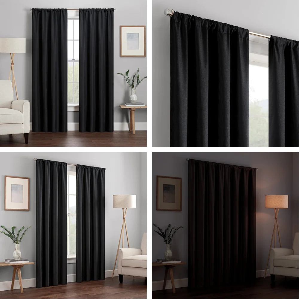 1Pc Black Blackout Curtains Light Reducing Thermal Insulated Grommet Black Out Curtains Panels Drapes for Living Room Bedroom