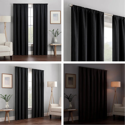 1Pc Black Blackout Curtains Light Reducing Thermal Insulated Grommet Black Out Curtains Panels Drapes for Living Room Bedroom