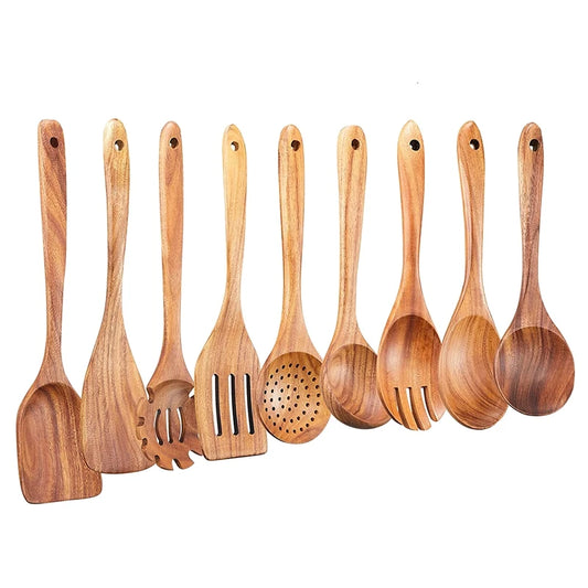 Wooden Kitchen Utensils Set,9 Pcs Wooden Spoons For Cooking,Wooden Cooking Utensils,Wooden Spoons For Non-Stick Pan