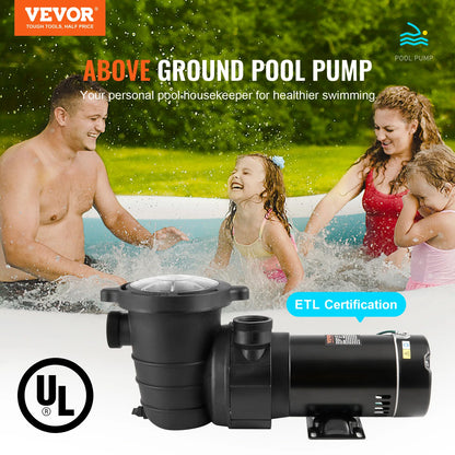 VEVOR Above Ground Pool Pump 1HP / 1.5HP / 2HP Single Speed with Filter Basket for Above Ground Pools Hot Tubs Spas UL Certified