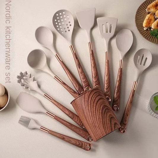 Kitchen Utensils Silicone Cooking Utensils Kitchenware, Gold-plated Wood Grain Handle, Spatula, SpoonsCooking Pots Set