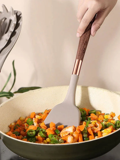 Kitchen Utensils Silicone Cooking Utensils Kitchenware, Gold-plated Wood Grain Handle, Spatula, SpoonsCooking Pots Set