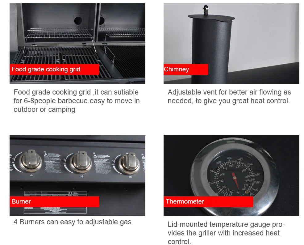 Gas Charcoal Combo Combination Hybrid  Bbq Barbecue Grills With 4 Burner For Outdoor Kitchen Cooking