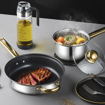 12Pcs Kitchen Pots Stainless Steel Golden Handle Smoothing Sturdy Pot Durable Easy to Clean Cookware Set for Home Cooking