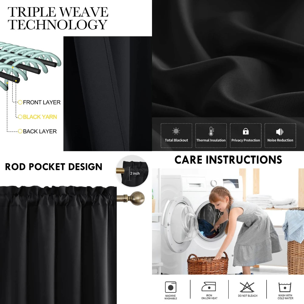 1Pc Black Blackout Curtains Light Reducing Thermal Insulated Grommet Black Out Curtains Panels Drapes for Living Room Bedroom