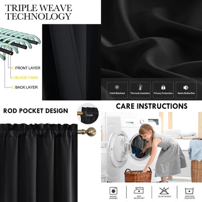 1Pc Black Blackout Curtains Light Reducing Thermal Insulated Grommet Black Out Curtains Panels Drapes for Living Room Bedroom